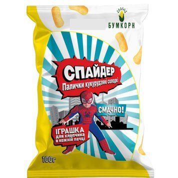 Кукурузные палочки сладкие Спайдер с игрушкой для мальчика внутри Бумкорн 100 грамм 318025 фото
