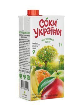 Нектар Мультивітамінний із бананом, манго, яблуком, апельсином Соки України 1 літр 401012 фото