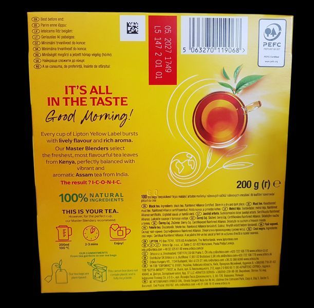 Чай Lipton Yellow Label&nbsp;100 пакетиков чёрный без добавок и ароматизаторов 114012 фото
