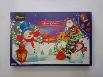 Великий адвент-календар із шоколадом на Різдво Merry Christmas Baron 200 грамів 234502 фото