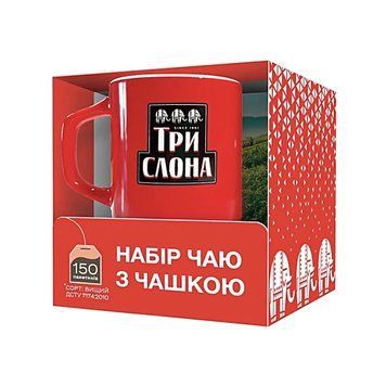 Набір Три Слона з чашкою: 150 пакетиків + міцна червона чашка для чаю 138021 фото