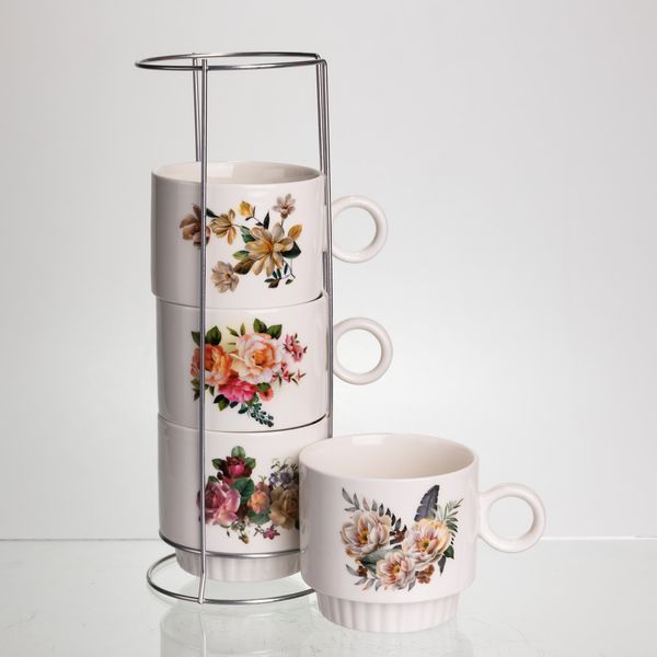 Набор чашек для чая и кофе на металлической подставке Flower 4 (шт) по 300 (мл) подарочный набор фарфоровых чашек FM-7 FM-7 фото