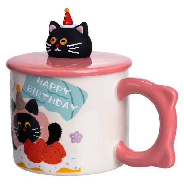 Кубок порцелянова з кришкою Kitten's Birthday 400 (мл) подарункова кружка прикольна чашка для дітей на подарунок Рожевий FM-24C FM-24C фото