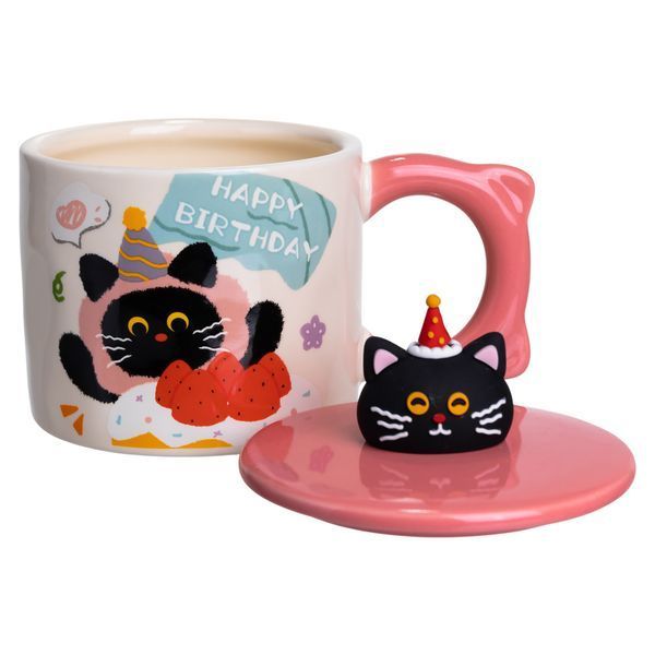 Кубок порцелянова з кришкою Kitten's Birthday 400 (мл) подарункова кружка прикольна чашка для дітей на подарунок Рожевий FM-24C FM-24C фото