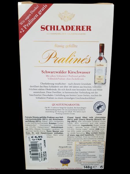 Шоколадные конфеты Schladerer Pralines с вишнёвым ликёром Kirschwasser в молочном шоколаде 150 г 305003 фото