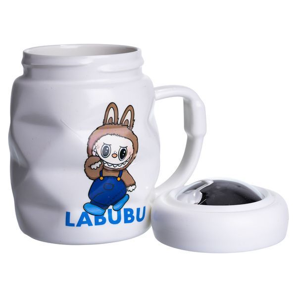 Чашка фарфоровая с крышкой Labubu 400 (мл) подарочная кружка прикольная чашка для детей на подарок Белый с синим FM-54A FM-54A фото